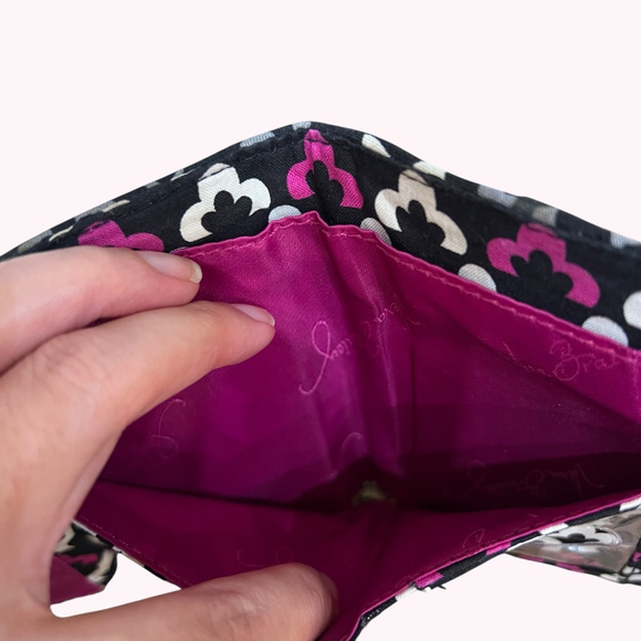 Vera Bradley Tri-Fold Wallet Accordion Quilted Cotton Black Pink ID Card Case - Picture 10 of 13